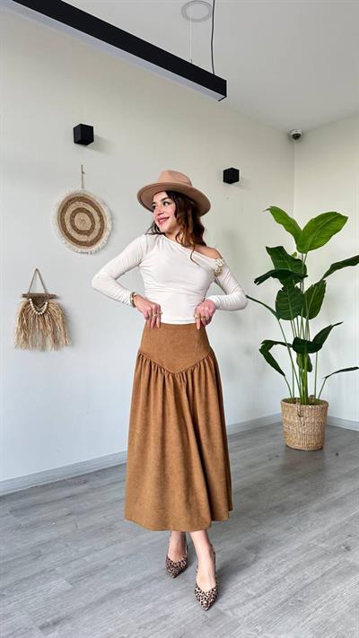 ETEKKadın Süet Büzgü Detaylı Çok Şık Midi Etek - TABA