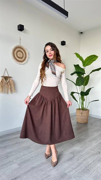 ETEKKadın Süet Büzgü Detaylı Çok Şık Midi Etek - KAHVERENGİ