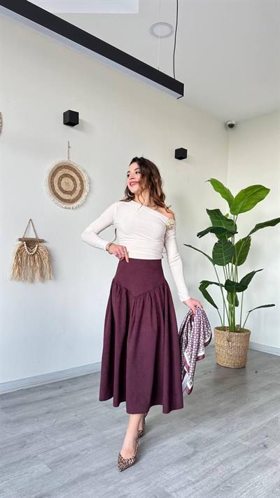 ETEKKadın Süet Büzgü Detaylı Çok Şık Midi Etek - BORDO