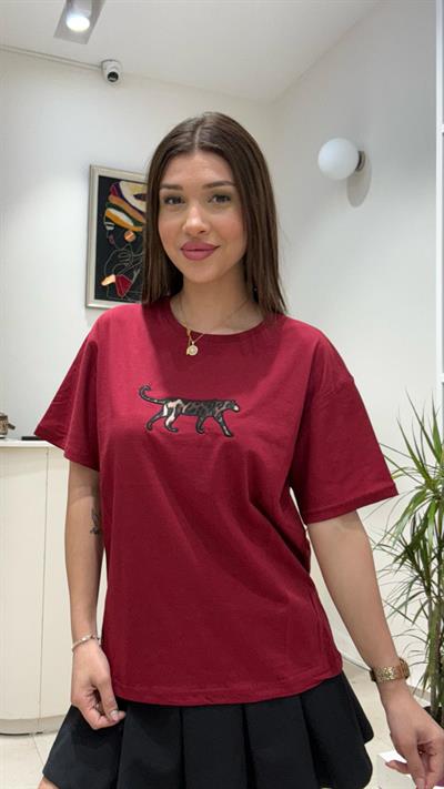Kadın Leopar Hayvan Baskılı Oversize Salaş ve Rahat T-Shirt - BORDO