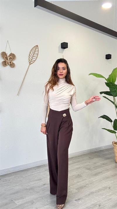 PANTOLONKadın Yüksek Bel Özel Taş Düğmeli Premium Palazzo Kumaş Pantolon 