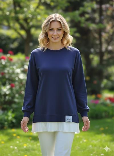0001 Bisiklet Yaka Eteği Pile Detaylı Tunik