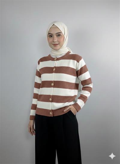 0001 Metal Düğmeli Çizgili Triko Hırka