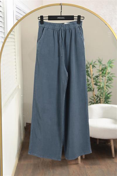 010 Beli Lastikli Bağıcıklı Bol Paça Tencel Pantolon