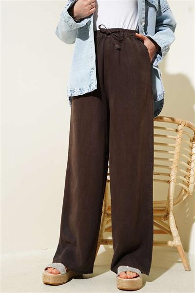 010 Beli Lastikli Bağıcıklı Bol Paça Tencel Pantolon