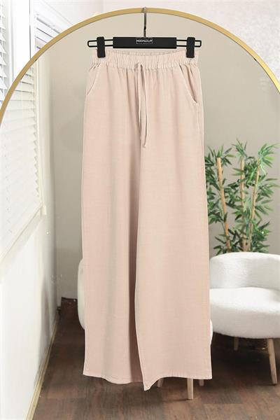 010 Beli Lastikli Bağıcıklı Bol Paça Tencel Pantolon