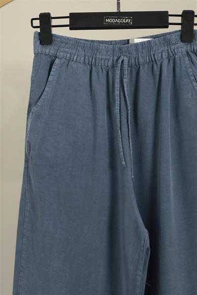 010 Beli Lastikli Bağıcıklı Bol Paça Tencel Pantolon