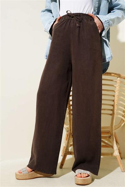 010 Beli Lastikli Bağıcıklı Bol Paça Tencel Pantolon