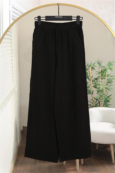 010 Beli Lastikli Bağıcıklı Bol Paça Tencel Pantolon