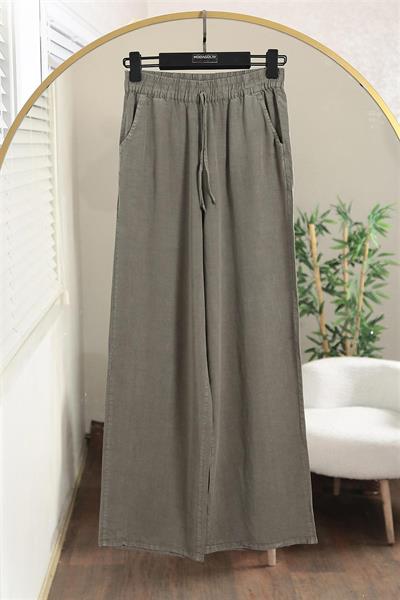 010 Beli Lastikli Bağıcıklı Bol Paça Tencel Pantolon