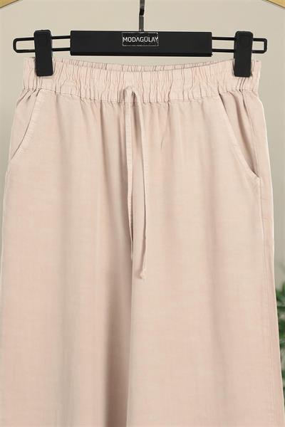 010 Beli Lastikli Bağıcıklı Bol Paça Tencel Pantolon
