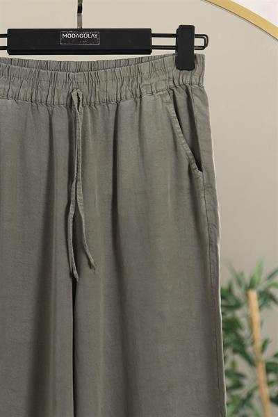 010 Beli Lastikli Bağıcıklı Bol Paça Tencel Pantolon