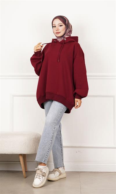 1001 Kapşonlu Kol Pile Detaylı Cepli İçi Şardonlu Oversize Sweat