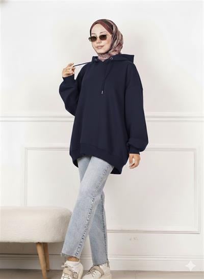 1001 Kapşonlu Kol Pile Detaylı Cepli İçi Şardonlu Oversize Sweat