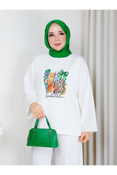 1015 Sıfır Yaka Önü Santa Holic Baskılı Sweat
