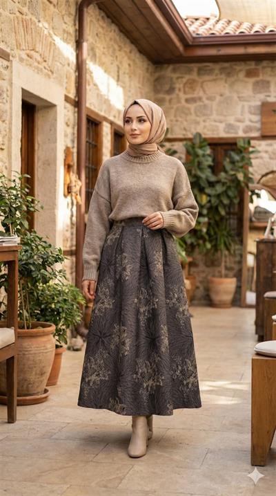 1038 Pile Detaylı Desenli Etek