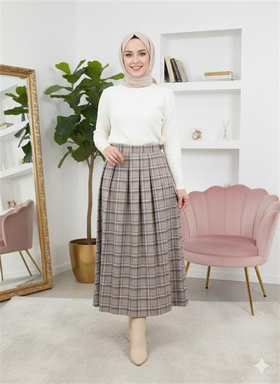 1041 Pile Detaylı Ekose Etek