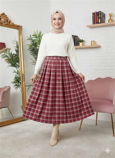 1041 Pile Detaylı Ekose Etek