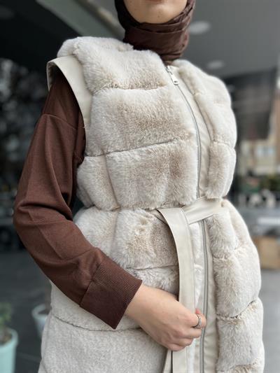 10607 DERİ Detaylı Kuşaklı Dilimli Peluş Yelek