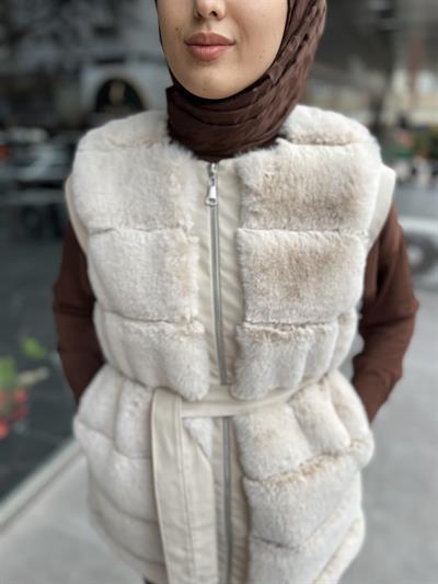 10607 DERİ Detaylı Kuşaklı Dilimli Peluş Yelek