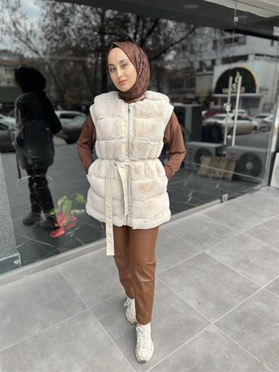 10607 DERİ Detaylı Kuşaklı Dilimli Peluş Yelek