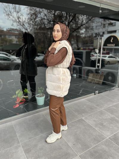 10607 DERİ Detaylı Kuşaklı Dilimli Peluş Yelek