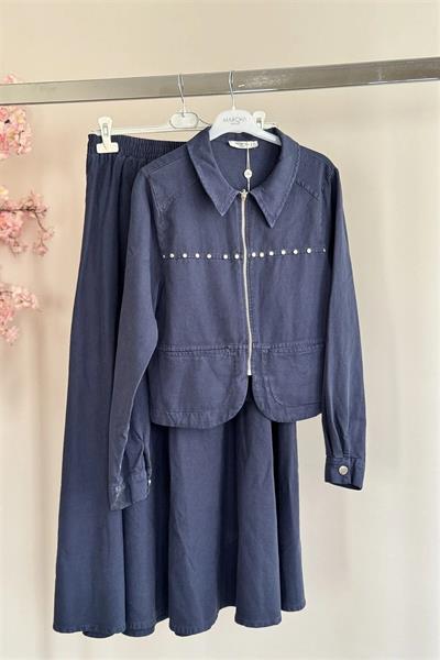 10636 Önü Fermuarlı Çift Cepli Taşlı Gabardin Takım