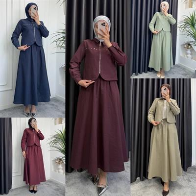 10636 Önü Fermuarlı Çift Cepli Taşlı Gabardin Takım