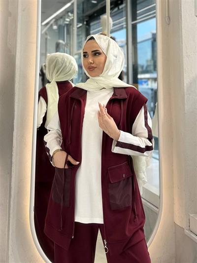 10733 Paraşüt Kumaş Detaylı Sweat Pantolonlu Üçlü Takım