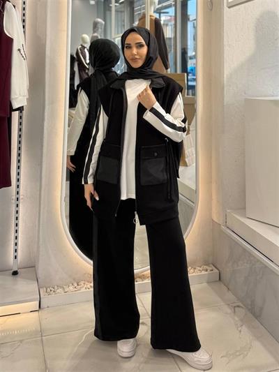 10733 Paraşüt Kumaş Detaylı Sweat Pantolonlu Üçlü Takım