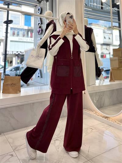 10733 Paraşüt Kumaş Detaylı Sweat Pantolonlu Üçlü Takım