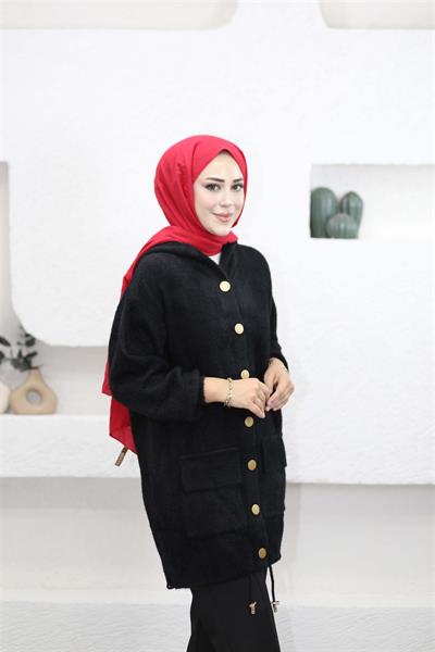 140105 Angora Kapşonlu Uzun Hırka