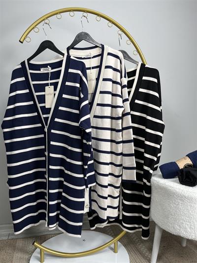 140196 Merserize Çizgili Düğmeli Uzun Hırka