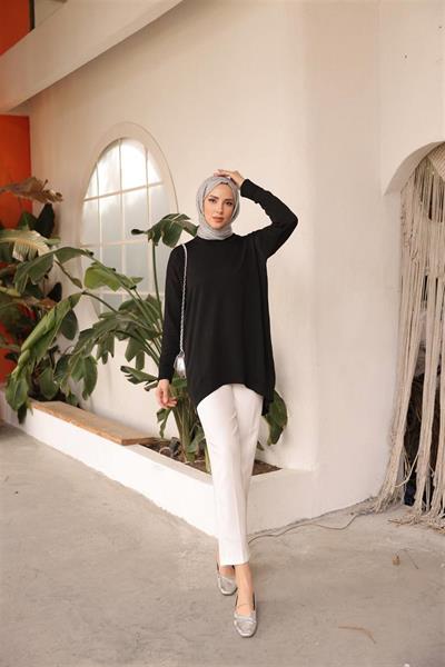 14853 Soğuk Tuşe Oversize Bisiklet Yaka Tunik.