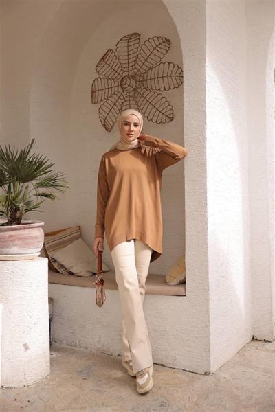 14853 Soğuk Tuşe Oversize Bisiklet Yaka Tunik.