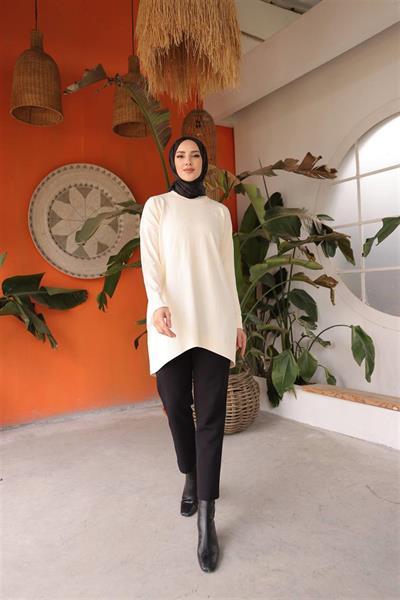 14853 Soğuk Tuşe Oversize Bisiklet Yaka Tunik.