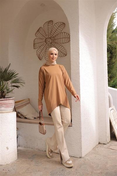 14853 Soğuk Tuşe Oversize Bisiklet Yaka Tunik.