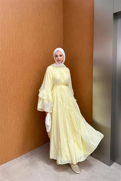 1839 Kolları Fırfır Detaylı Hakim Yaka Bağıcıklı Astarlı Tencel Elbise