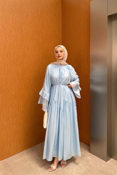1839 Kolları Fırfır Detaylı Hakim Yaka Bağıcıklı Astarlı Tencel Elbise