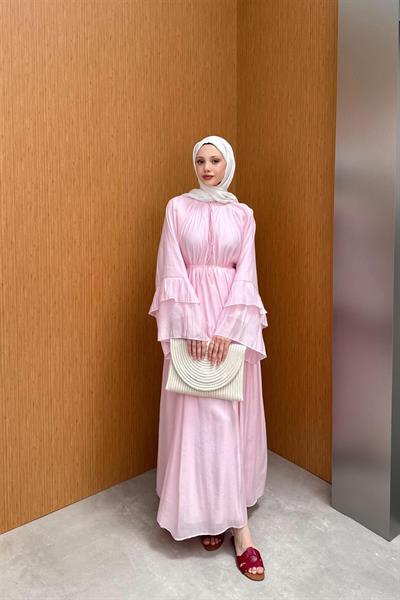 1839 Kolları Fırfır Detaylı Hakim Yaka Bağıcıklı Astarlı Tencel Elbise