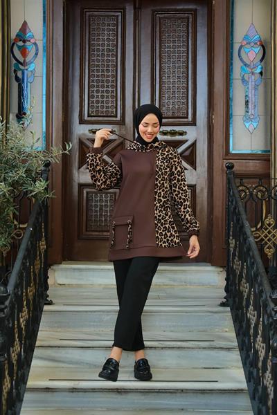 2022 Kapşonlu Cepli Leopar Garnili Tunik