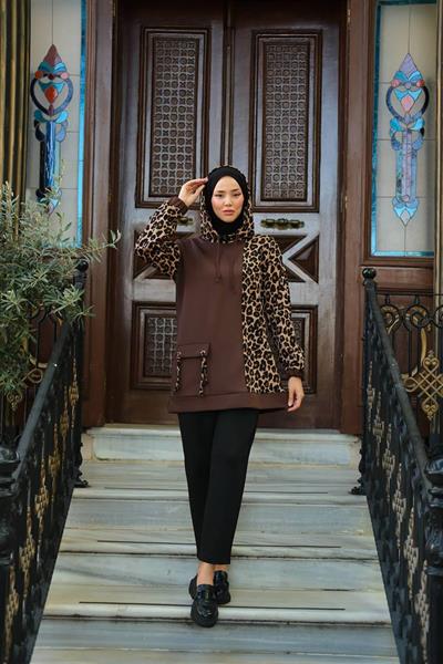 2022 Kapşonlu Cepli Leopar Garnili Tunik