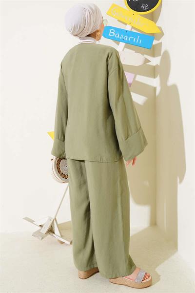 2040 Yandan Bağıcıklı Pantolonlu Tencel Kimono Takım