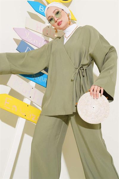 2040 Yandan Bağıcıklı Pantolonlu Tencel Kimono Takım