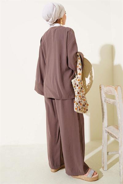 2040 Yandan Bağıcıklı Pantolonlu Tencel Kimono Takım