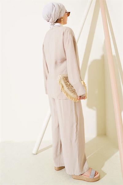 2040 Yandan Bağıcıklı Pantolonlu Tencel Kimono Takım