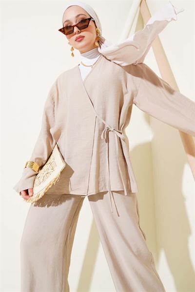 2040 Yandan Bağıcıklı Pantolonlu Tencel Kimono Takım