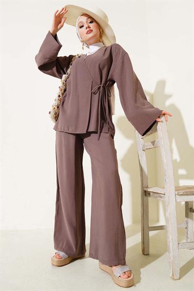 2040 Yandan Bağıcıklı Pantolonlu Tencel Kimono Takım