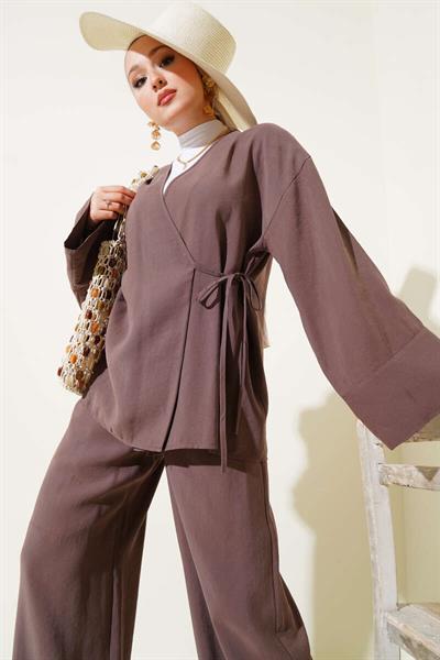 2040 Yandan Bağıcıklı Pantolonlu Tencel Kimono Takım