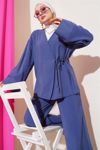 2040 Yandan Bağıcıklı Pantolonlu Tencel Kimono Takım
